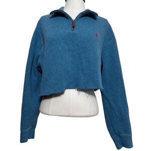 VTG Polo Ralph Lauren Womens Large Blue Quarter Zip Cropped Sweatshirt Raw Hem